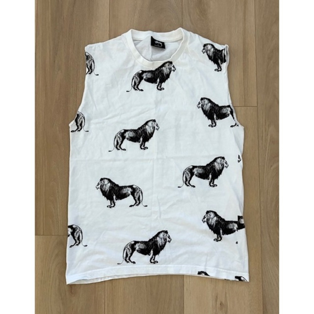 Vintage‎ Stüssy Lion Graphic Muscle Tank White Black 100% Cotton Streetwear Y2K